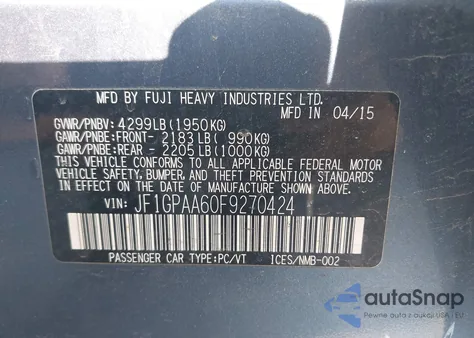 2015 Subaru Impreza 2.0I from USA, damaged, VIN JF1GPAA60F9270424